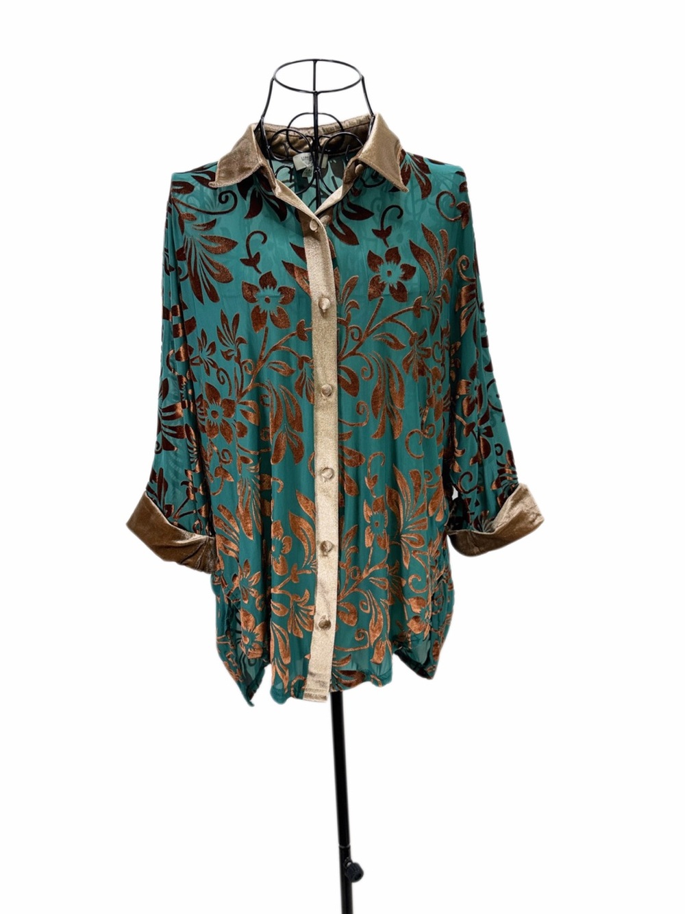 Umgee USA Medium Teal Bronze Velvet Flocked Sheer Boho High Low Top